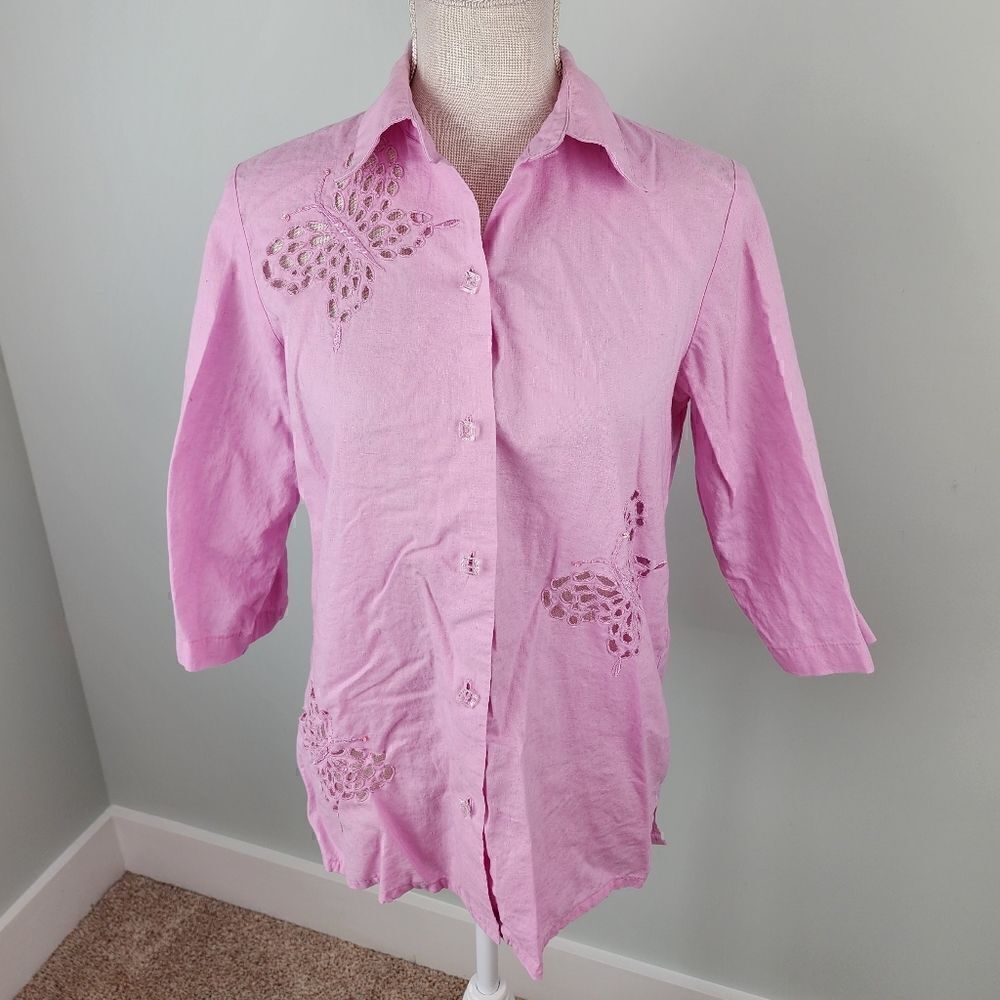 Quaker Factory Womens Linen Embroidered Butterfly Button Down Shirt Size XS